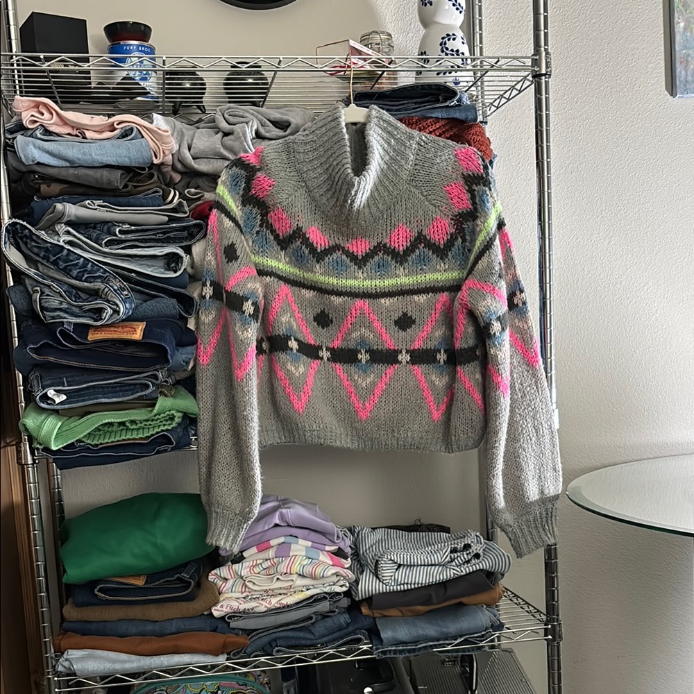 Hollister Gray and Pink Cowl Neck Sweater with Geometric Patterns